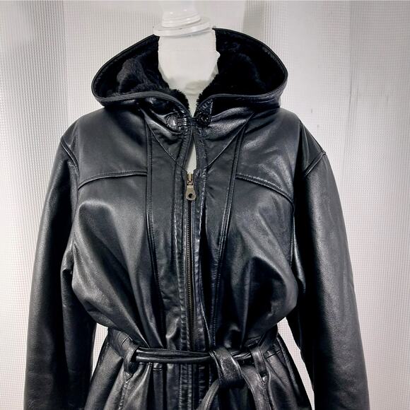 STUNNING BLACK GENUINE LEATHER HOODIE, BELTED WAIST, PLUSH LINED COAT! SZ XL - Picture 6 of 12